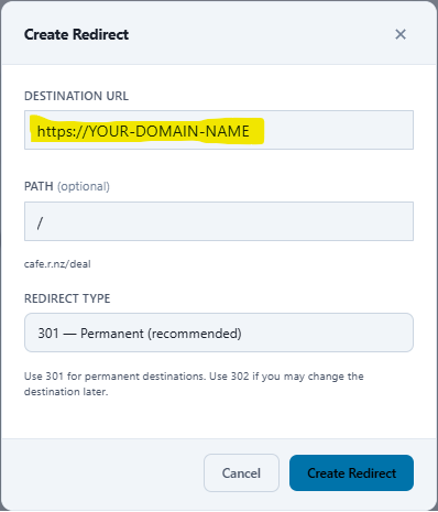 Create redirect for r.nz