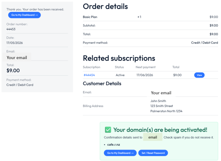 r.nz Domain Setup Guide : Order confirmation for your r.nz subdomain