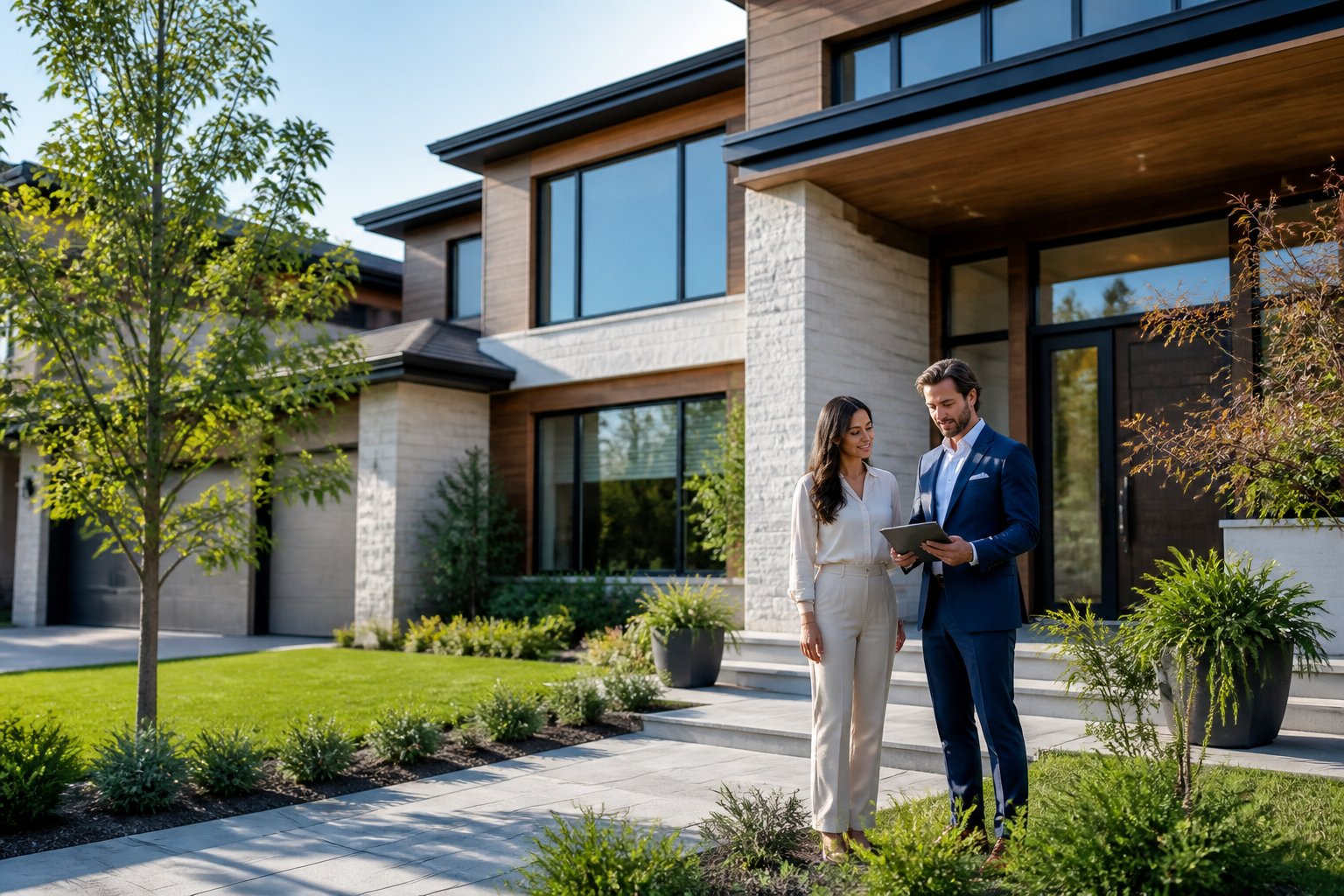 A real estate agent and prospective buyer reviewing a property outside a modern home.