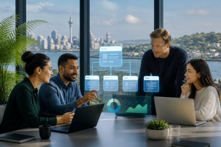 A New Zealand digital team collaborates in a modern office beside a visual web network.