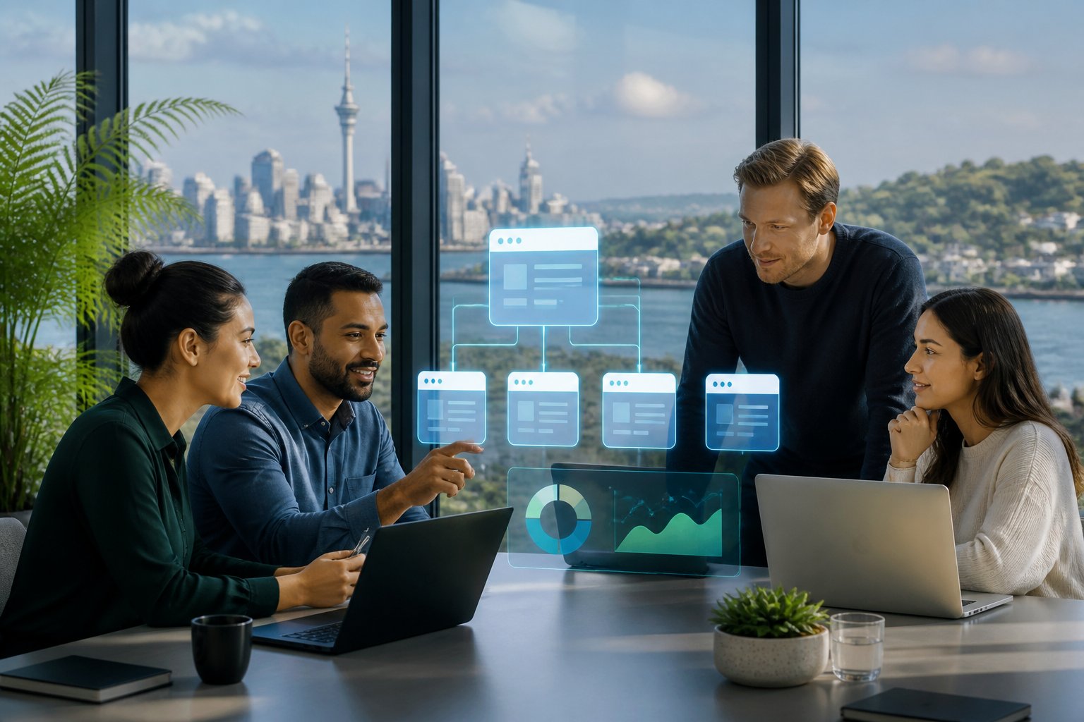 A New Zealand digital team collaborates in a modern office beside a visual web network.