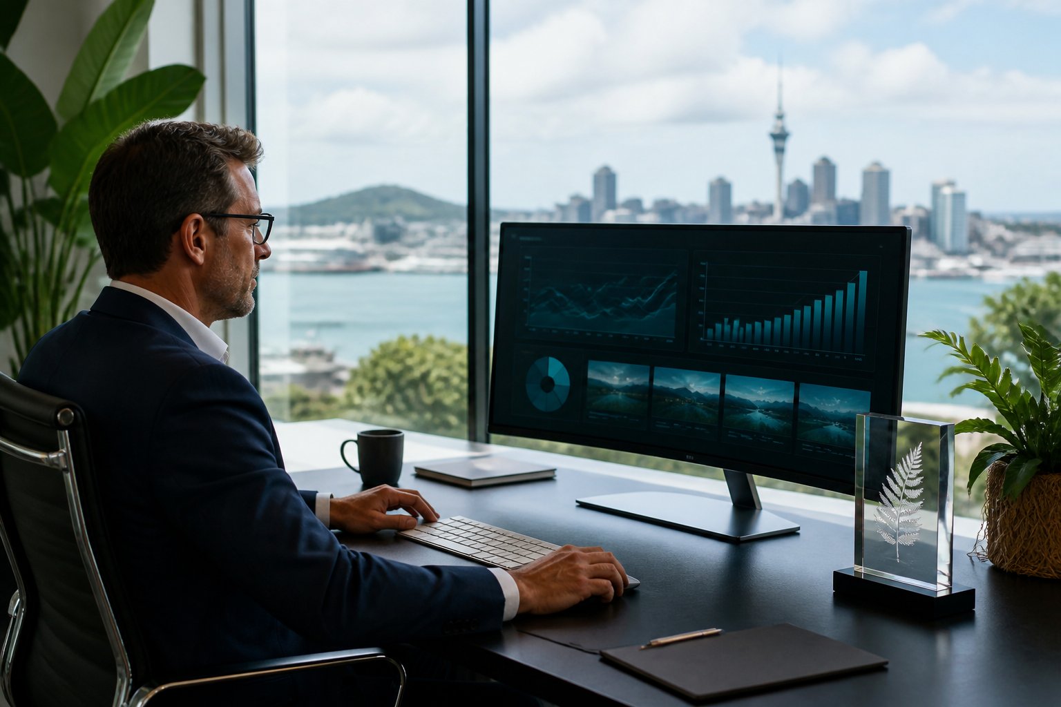 A New Zealand business professional reviews a digital asset portfolio beside a screen showing abstract growth data.