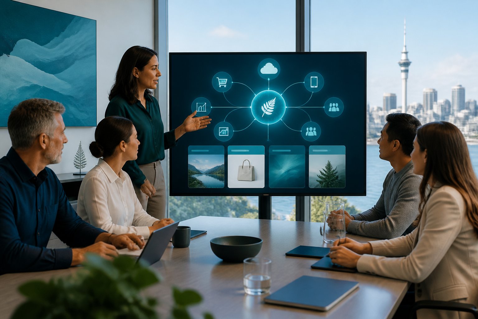 Business professionals collaborate around a screen showing a connected digital brand network.