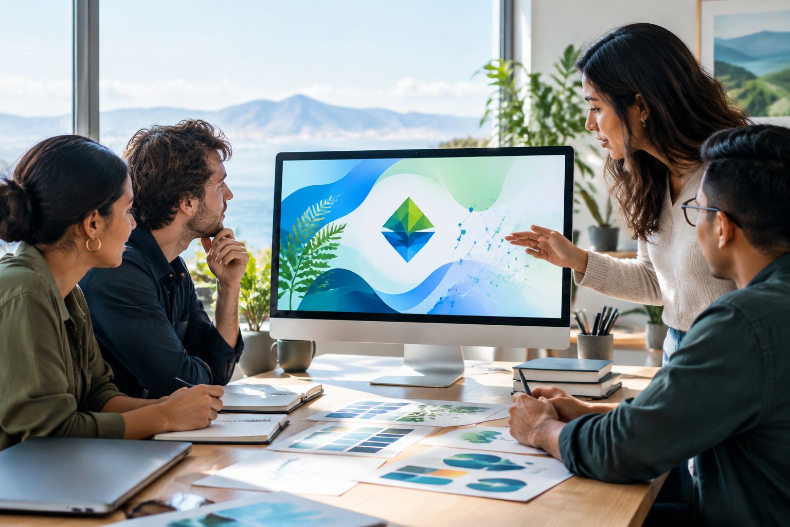 A branding team discusses an abstract digital identity concept on a computer monitor in a modern office.