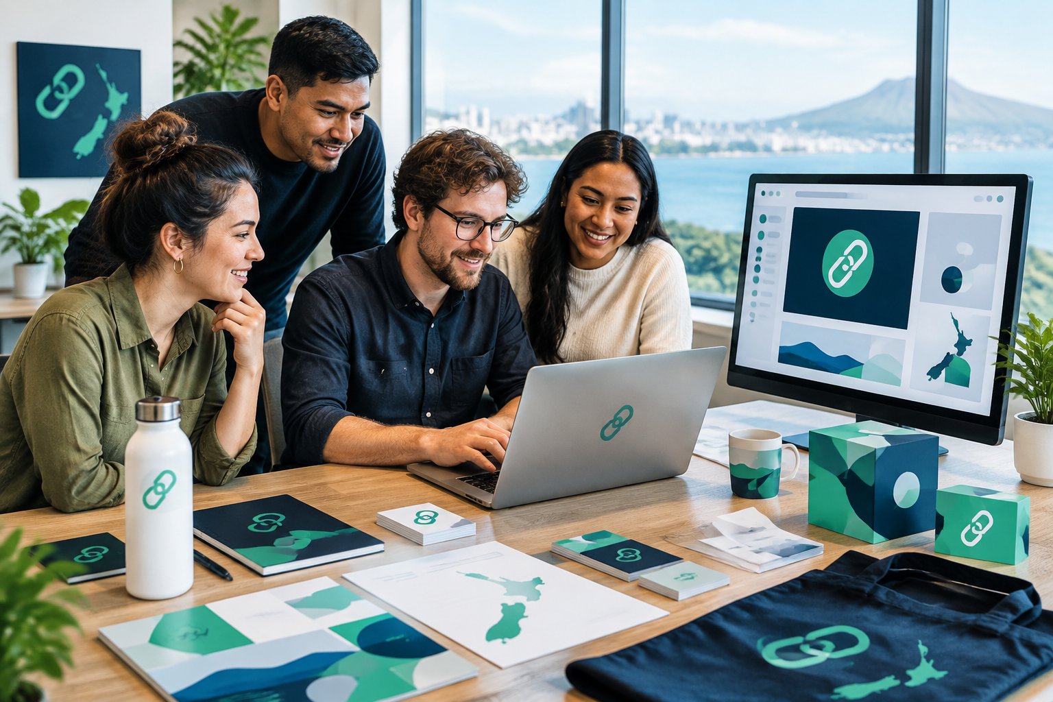 A creative team collaborates in a modern office on a memorable digital brand identity.