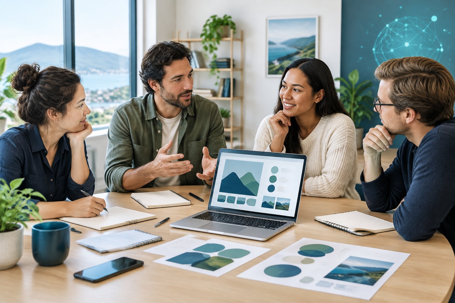 A diverse business team discusses a potential brand name around a table in a modern office.