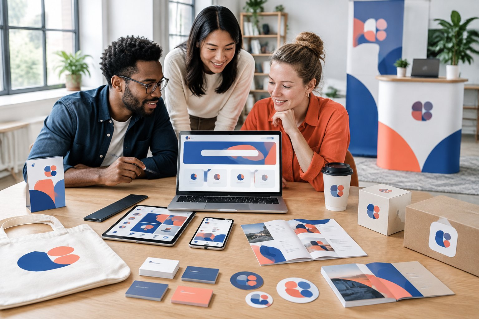 A team collaborates around a table displaying coordinated print materials, digital devices, and promotional items.