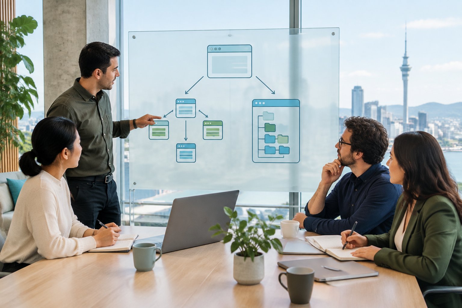 Business professionals in a New Zealand office compare two website structure diagrams on a glass board.