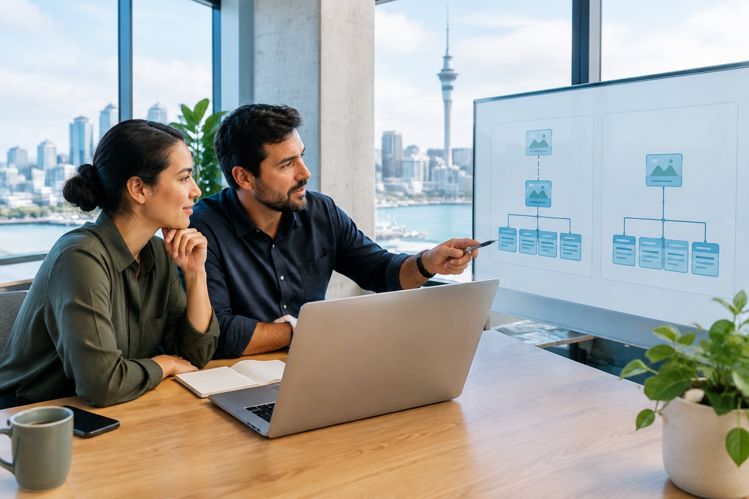 Two business professionals compare branching and organised website structure diagrams in a modern New Zealand office.