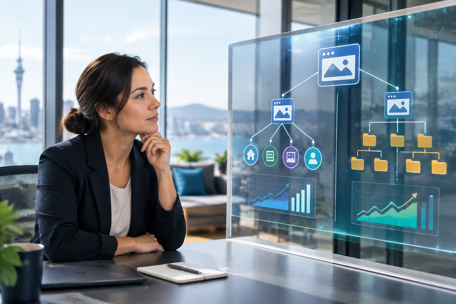 A New Zealand business professional compares two website structure diagrams beside digital SEO analytics.