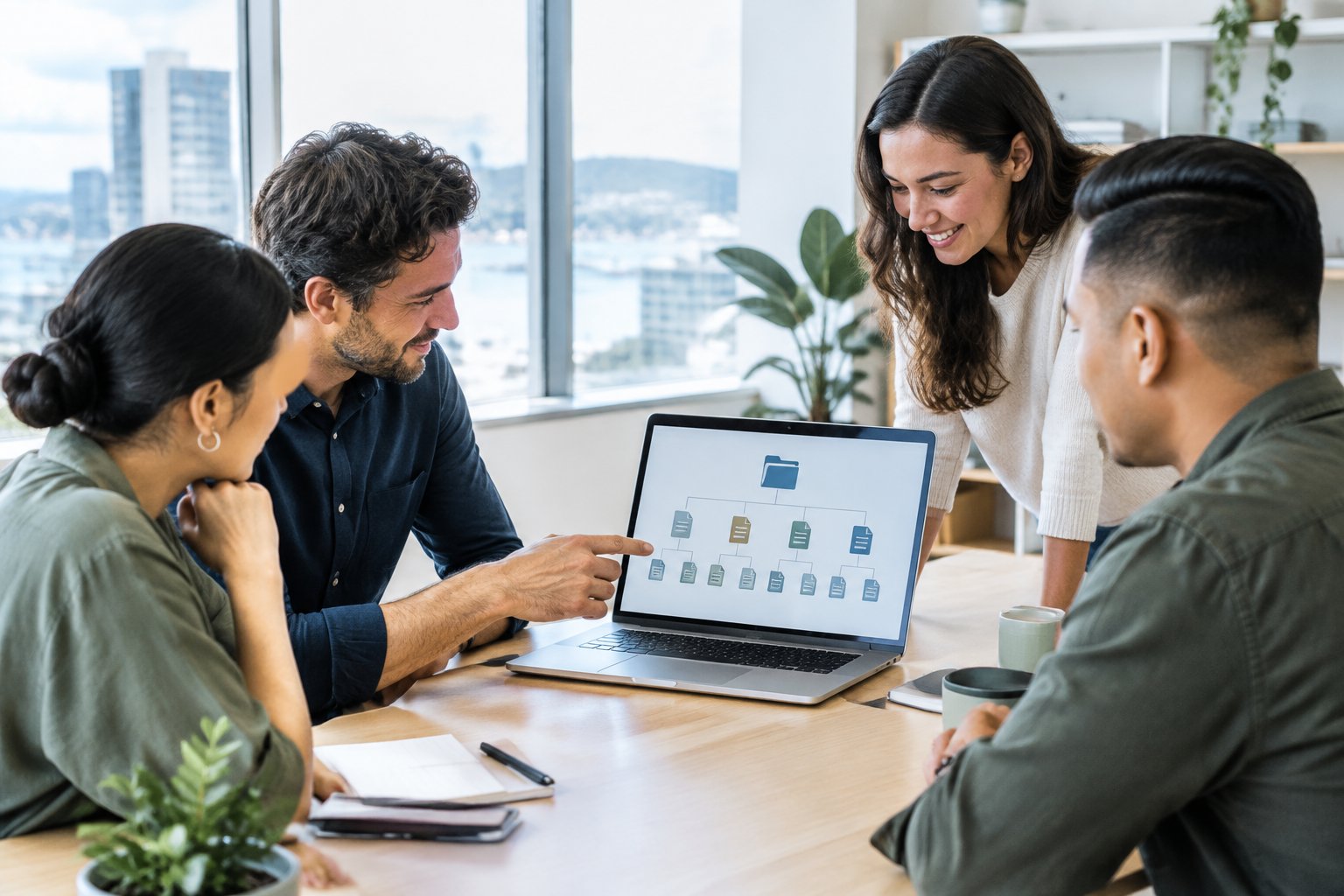 A New Zealand business team reviews a unified website structure on a laptop in a modern office.